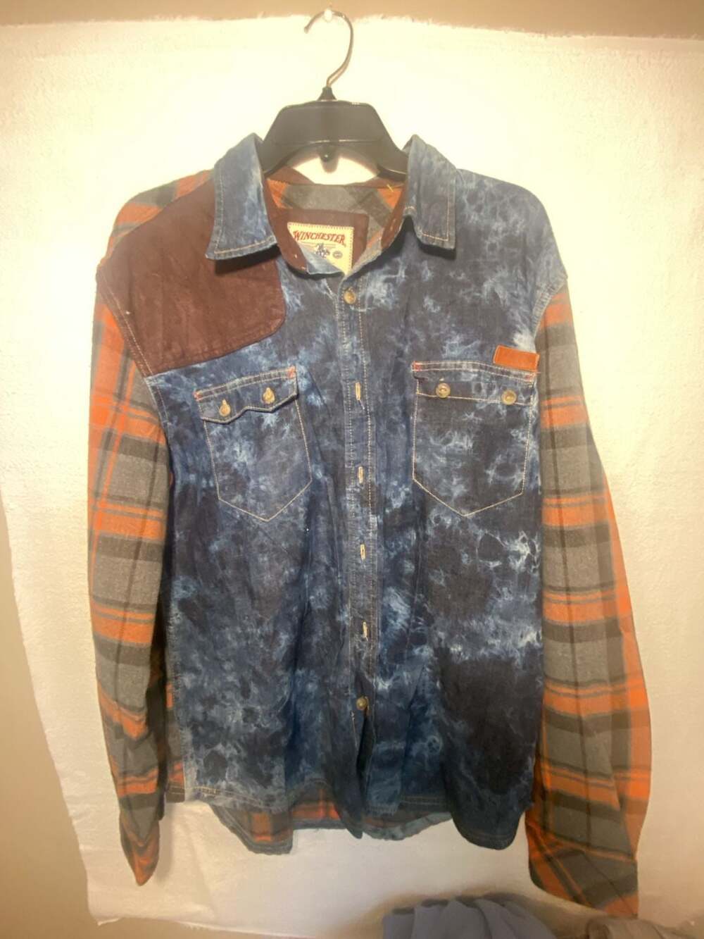 Winchester Men's Acid Wash Denim and Plaid Long Sleeve Button-Down Shirt
